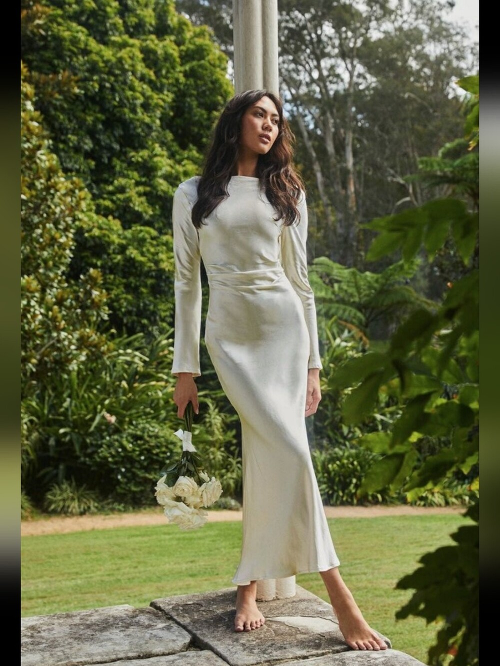 Selfie Leslie Long Sleeve Cream Satin Maxi Dress